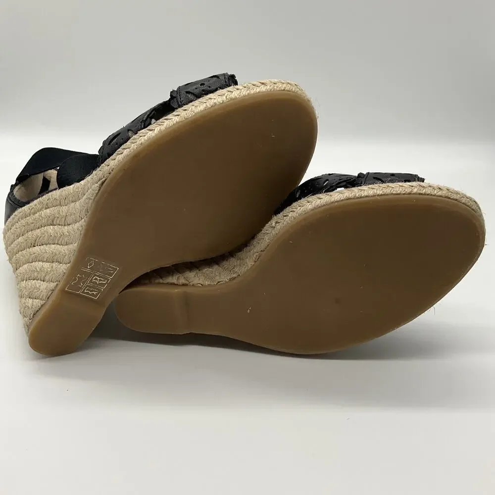 Black Wedge Espadrille Sandals Laser‑Cut Faux Leather‎ Club Monaco Size 7.5 US